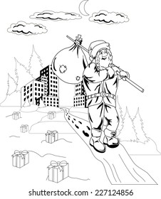 Santa Claus goes on the road and carries a bag on his shoulder