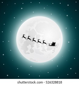 Santa Claus goes to sled reindeer in the background of the moon 