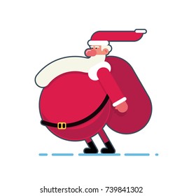 Santa Claus santa claus going against the wind with a bag of gifts. Cute cartoon flat style vector illustration