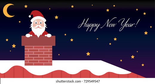 Santa Claus going down the chimney on a starry night. Happy new year illustration background.