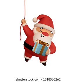 Papá Noel está cayendo por la cuerda con un regalo en las manos. Elementos de los emojis del doodle compatibles con el carácter 3d en la cara. Aislado en el fondo blanco para el diseño festivo de Navidad. Ilustración del vector