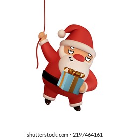 Santa Claus is going down the rope with gift in his hands. Realistic 3d character compatible doodle emoji elements on face. Isolated on white background for Xmas festive design. Vector illustration