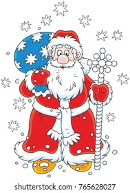 Santa Claus going with his gift bag and a magical staff
