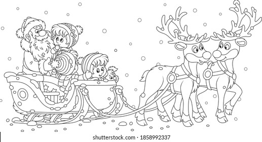 Santa Claus going to ride happy little kids in his magic sleigh with flying reindeers, black and white outline vector cartoon illustration for a coloring book page