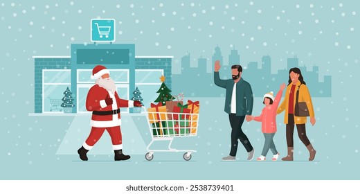 Santa Claus going shopping and pushing a shopping cart full of Christmas gifts, a happy family is waving at him