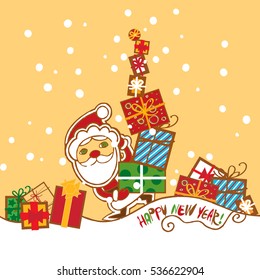 Santa Claus going in the snow with gifts. Text "Happy New Year!". Many present`s boxes in the snow. Cute cartoon card or cover. Hand drawn modern flat style.