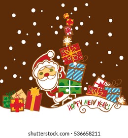 Santa Claus going in the snow with gifts. Text "Happy New Year!". Many present`s boxes in the snow. Cute cartoon card or cover. Hand drawn modern flat style.