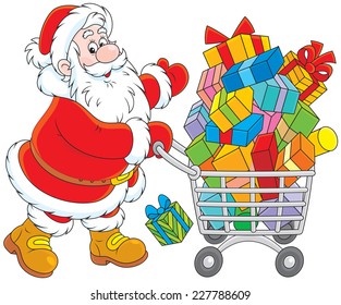 Santa Claus going with a supermarket trolley overfilled with colorful gift boxes