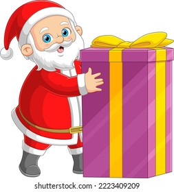 The Santa claus is going to take a big long gift for children at house of illustration