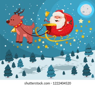 Santa Claus with gold bell in a sleigh with reindeer flying over night winter landscape. Christmas cartoon vector greeting illustration.