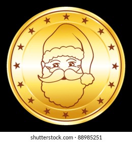 Santa claus golden coin for gift or christmas budget concept. Vector icon.