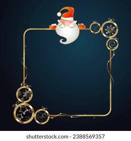 Santa Claus and golden frame banner with Christmas balls. Christmas festive unique design