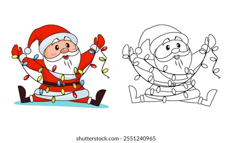 Santa Claus got tangled in Christmas lights. Merry Christmas and Happy New Year. Black and white vector illustration for coloring book with example in color