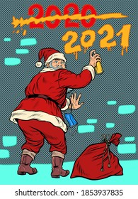Santa Claus graffiti meets new year 2021 and crosses out the year 2020. Pop art retro illustration kitsch vintage 50s 60s style