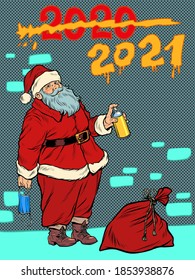 Santa Claus graffiti meets new year 2021 and crosses out the year 2020. Pop art retro illustration kitsch vintage 50s 60s style