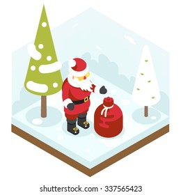 Santa Claus Grandfather Frost Bag Gifts New Year Christmas Isometric Flat Design Icon Template Vector Illustration