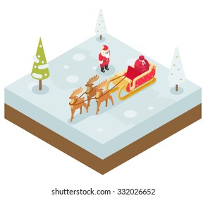 Santa Claus Grandfather Frost  Sleigh Reindeer Gifts New Year Christmas Isometric Flat Design Icon Template Vector Illustration