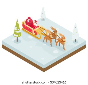 Santa Claus Grandfather Frost  Sleigh Reindeer Gifts New Year Christmas Isometric Flat Design Icon Template Vector Illustration