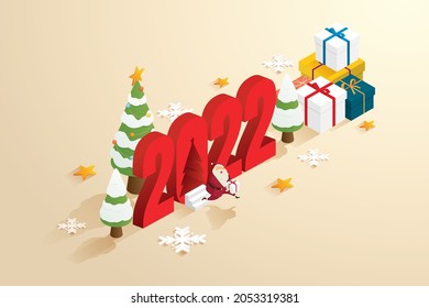 Santa Claus Grandfather Send gifts via 2022, gift box background with christmas tree. Merry christmas and  happy new year 2022 for web banners. isometric vector illustrations.