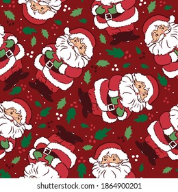 Santa Claus with green ditsy and holly, vintage style pattern. Cute seamless Christmas holidays cartoon character background. Separate elements.