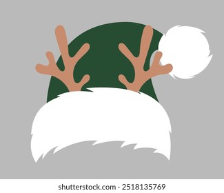 Santa Claus green hat with deer antlers in flat style isolated on grey background. Christmas vector element for design.