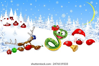 Santa Claus, green snake, and deer on the night of Christmas, in the background of a village and forest. Snow-covered houses and trees.                                                                 