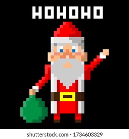 Santa claus greet and carrying a gift bag at christmas night in pixel art style cartoon vector