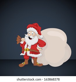 Santa Claus greeting with bag with gifts on dark card vector illustration  