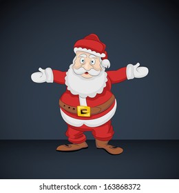 Santa Claus greeting with hands up on dark card vector illustration  