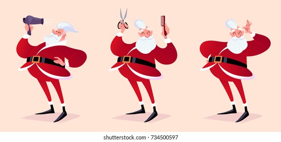 Santa Claus como peluquero. Santa hipster.Dibujo de dibujos animados.