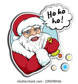 Santa Claus hand drawn illustration, sticker with speech bubble message for Christmas isolated on white