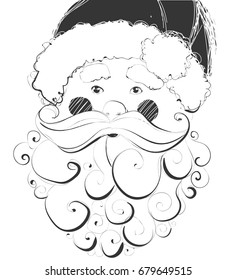 Santa Claus hand drawn vector llustration. Black on white. Good for Christmas card design.