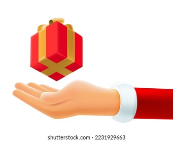 Santa Claus hand with gift box. 3d vector illustration 


