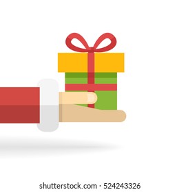  Santa Claus hand with gift box isolated on a white background.Flat style design