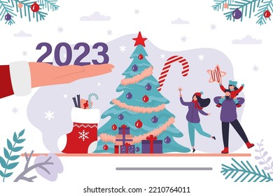 Santa Claus hand gives 2023 year numbers. Happy family near traditional xmas tree, christmas celebration. New year, winter holidays, horizontal banner. Boxing day, various gifts and presents. Vector