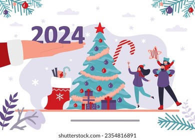 Santa Claus hand gives 2024 year numbers. Happy family near traditional xmas tree, christmas celebration. New year, winter holidays, horizontal banner. Boxing day, various gifts and presents. Vector