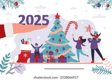 Santa Claus hand gives 2025 year numbers. Happy family near traditional xmas tree, christmas celebration. New 2025 year, winter holidays. Boxing day, various gifts and presents. Vector illustration