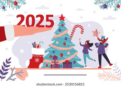 Santa Claus hand gives 2025 year numbers. Happy family near traditional xmas tree, christmas celebration. New year, winter holidays, horizontal banner. Boxing day, various gifts and presents. Vector