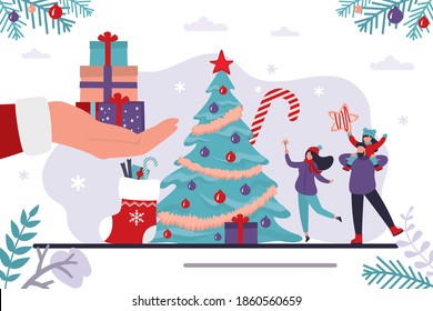 Santa Claus hand gives gifts. Happy family near traditional xmas tree, christmas celebration. New year, winter holidays, horizontal banner. Boxing day. Flat vector illustration