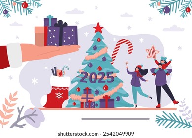 La mano de Santa Claus da regalos. Números del año 2025 en el árbol de Navidad tradicional. Familia feliz, celebración de Navidad. Año Nuevo, vacaciones de invierno, Anuncio Horizontal. Día de boxeo, varios regalos y regalos.