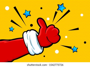 Santa Claus hand in glove pop art in retro style. Gesture thumbs up vector illustration. Holiday sale banner on halftone comic book background. Hand gesture symbol. Retro winter design cartoon style. 