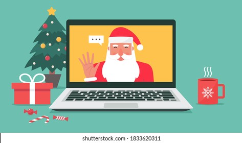 Santa Claus hand greeting via video calling on the laptop for online Christmas and holiday celebration, cartoon character flat vector illustration