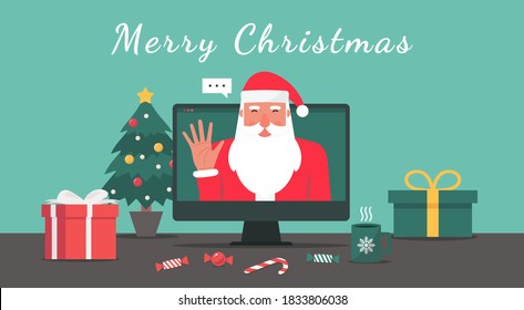 Santa Claus hand greeting via video calling on the computer with Merry Christmas lettering and decorate with gifts, candy, cup, and Christmas tree, cartoon character flat vector illustration