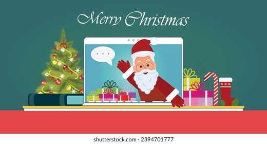 Santa Claus hand greeting via video calling on the laptop with Christmas icon and decorate with gifts and Christmas tree on the table, flat vector illustration.