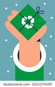 Santa Claus hand hanging gifts made of recycled materials on the Christmas tree. Eco-friendly product packaging. Sustainable development. Flat vector illustration.