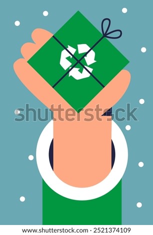 Santa Claus hand hanging gifts made of recycled materials on the Christmas tree. Eco-friendly product packaging. Sustainable development. Flat vector illustration.
