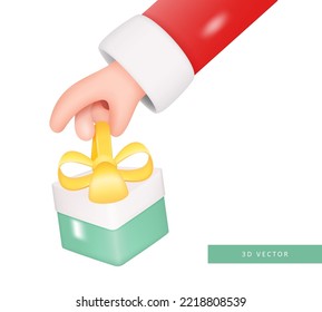 Santa Claus Hand Holding Gift Box with Ribbon Isolated on White Background. Human Arm Giving Present. Vector 3d Illustration