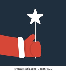 Santa Claus Hand Holding Magic Wand. Flat Design. Vector Illustration