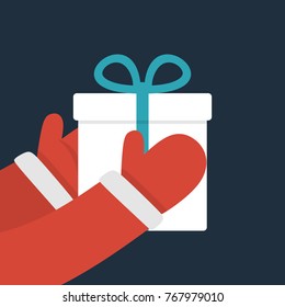 Santa Claus Hand Holding Present. Flat Design. Vector Illustration