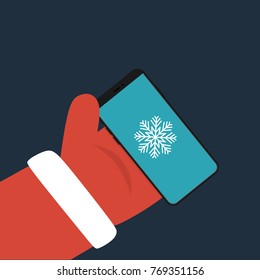 Santa Claus Hand Holding Smartphone. Flat Design. Vector Illustration